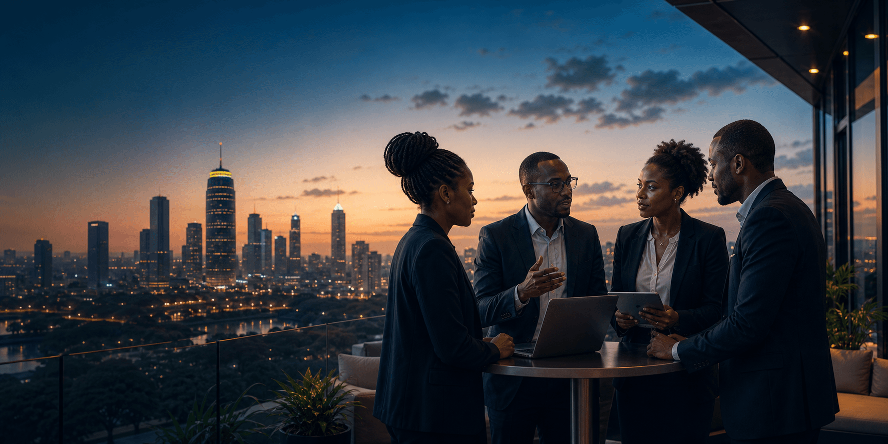 African technology team collaborating with city skyline context