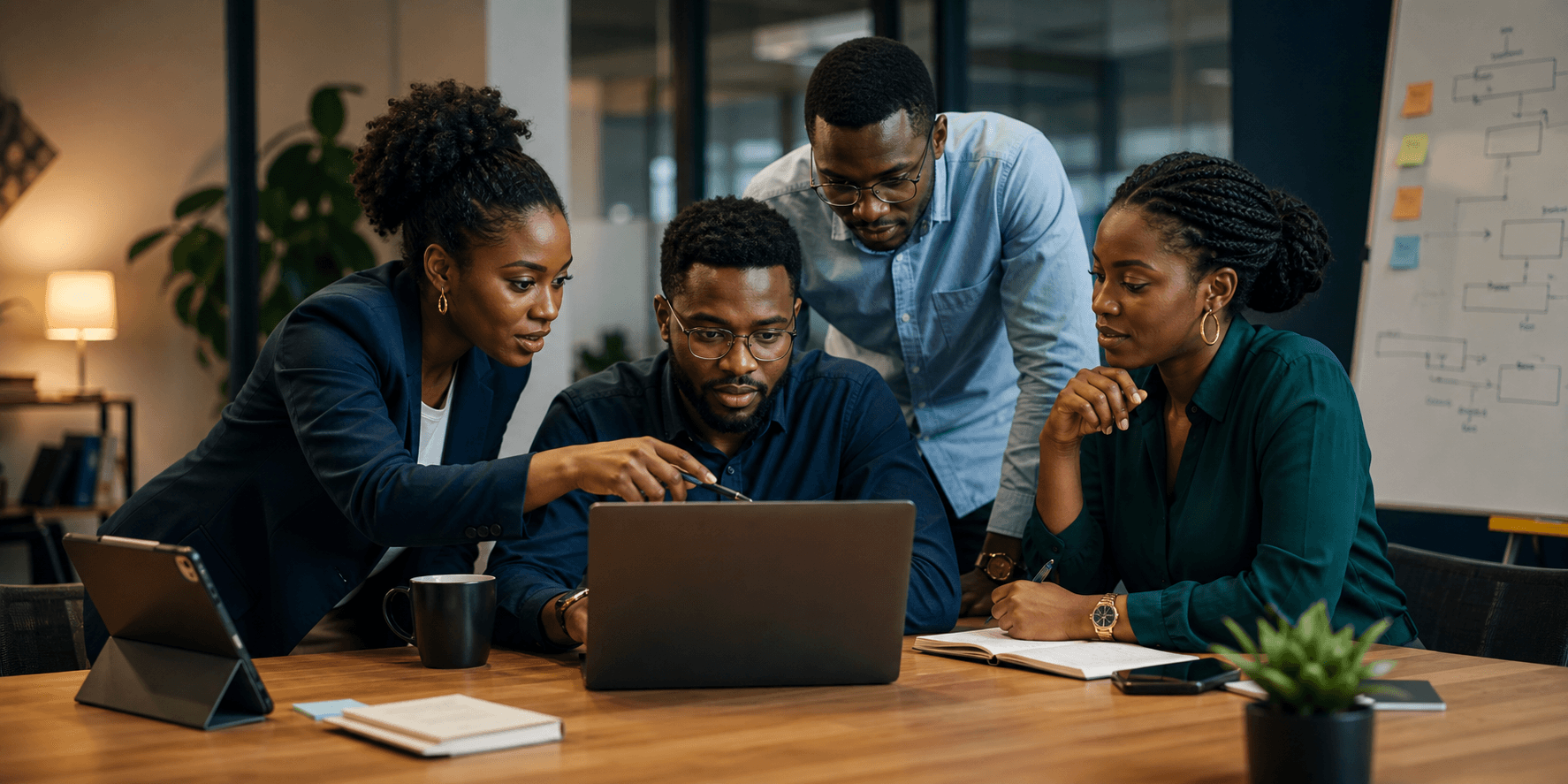 African product and engineering team collaborating around a laptop