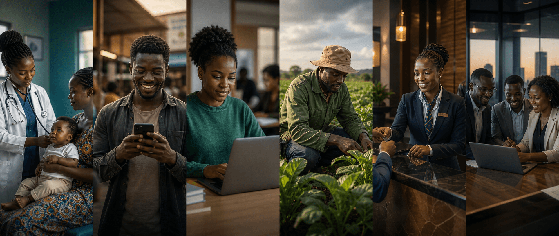 Collage of African healthcare, fintech, education, agriculture, hospitality, and enterprise contexts